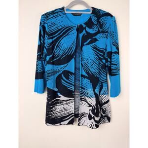 Ming Wang Knit Open Front Cardigan Blue Abstract Pattern Office Chic Classic M